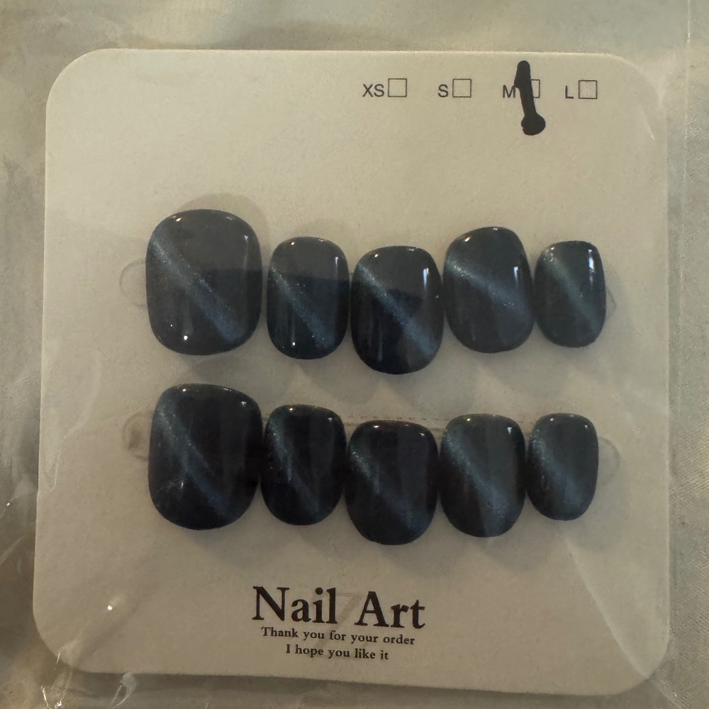 Navy Blue Cat Eye Press On Nails Medium Length Square Nail Art‎